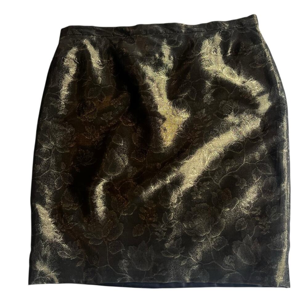 Vintage 90s Metallic Floral Skirt Made in USA | Black Gold Jacquard Midi | Med